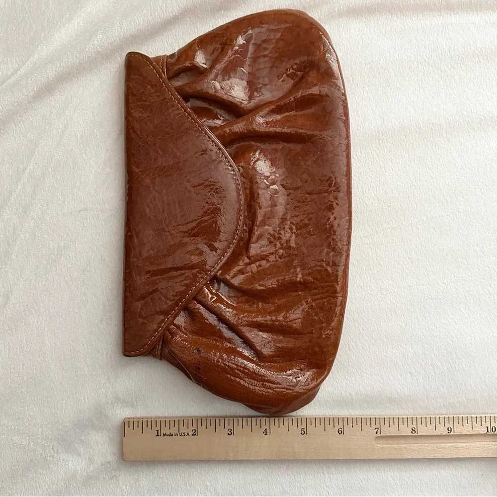 Lauren Merkin Caramel Cognac Brown Clutch Purse Envelope Closure Shiny Chic